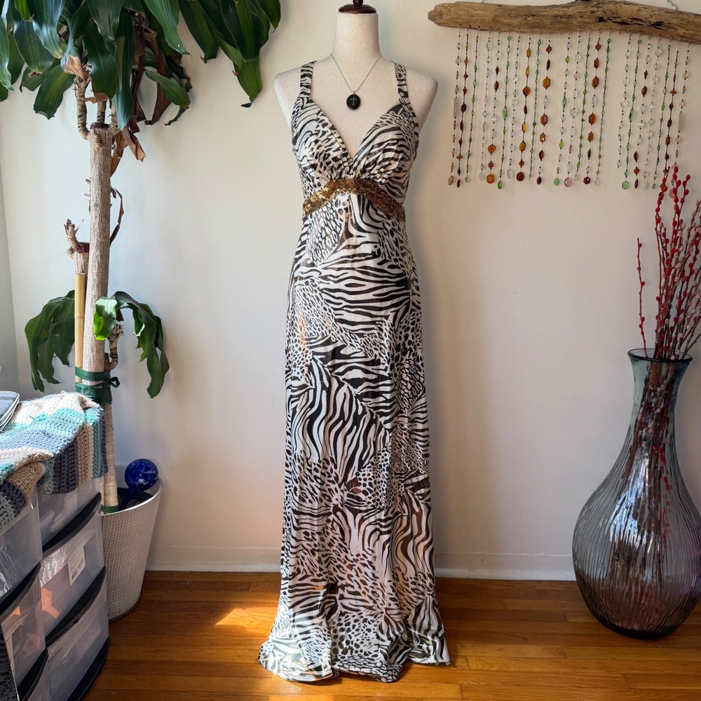 La Femme Vintage Y2K Zebra Sequin Backless Formal Prom Homecoming Gown Dress 4
